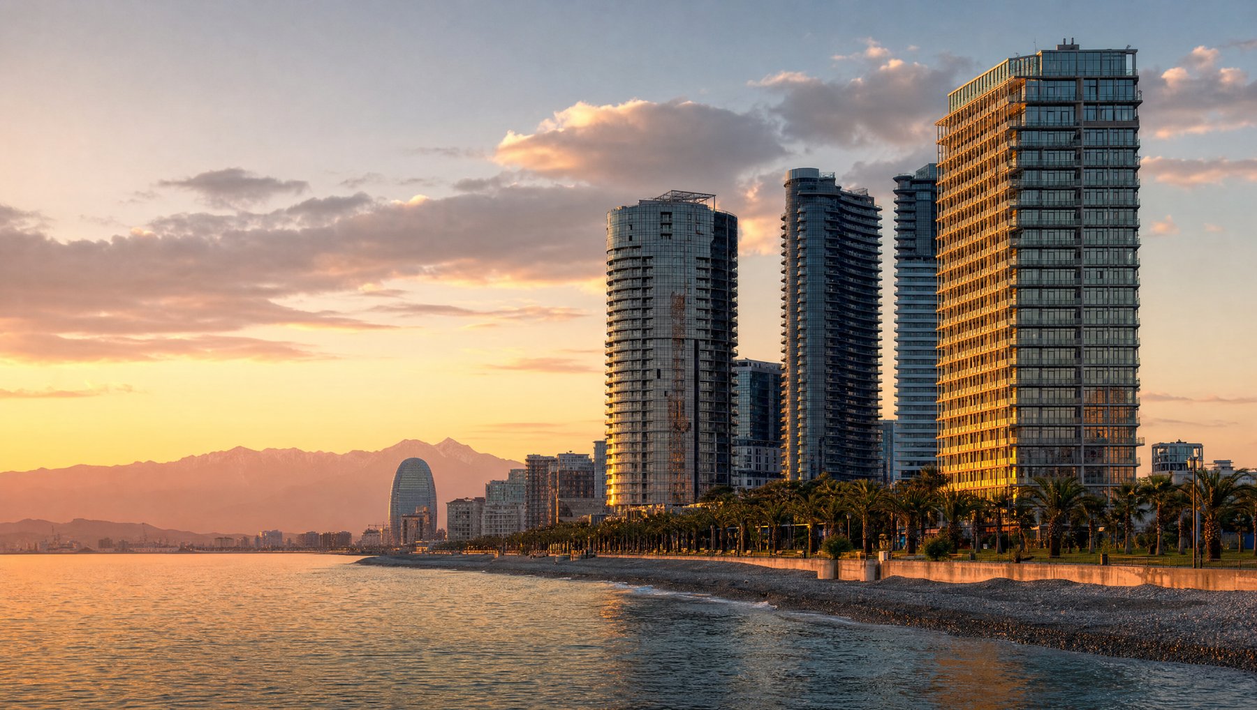 Modern seafront towers along the Batumi promenade on the Black Sea at sunset