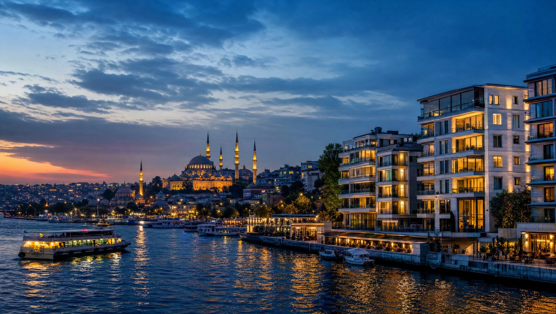 Istanbul Bosphorus waterfront with historic skyline and modern residences at dusk